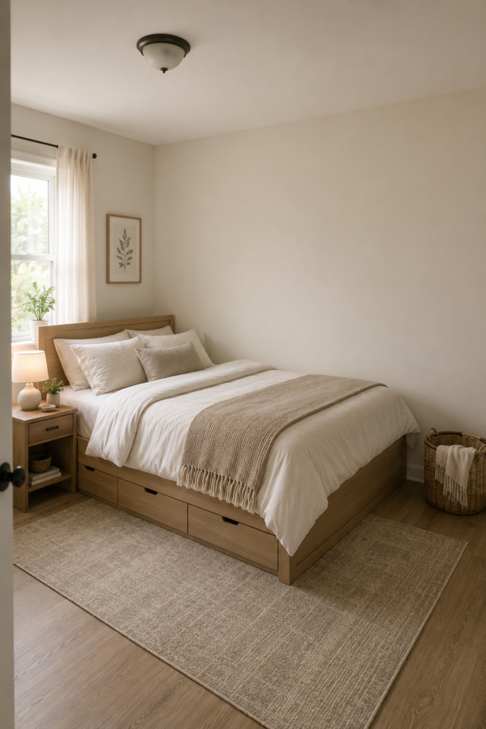 Small bedroom with a neatly made bed and warm neutral decor