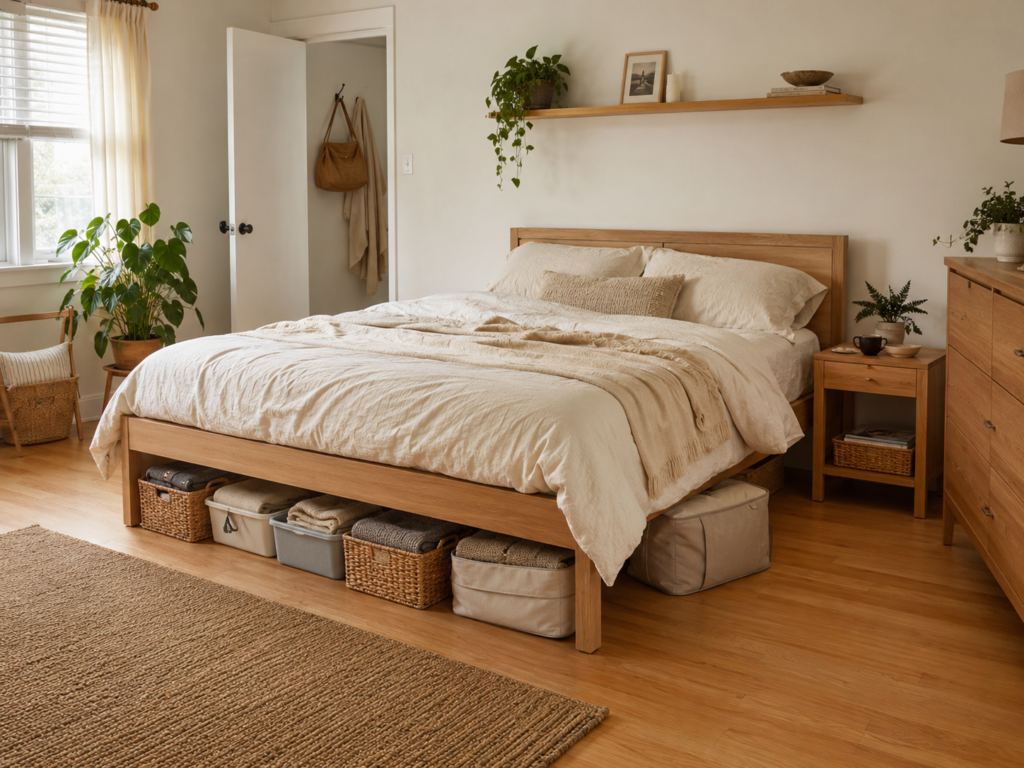 Small bedroom with under-bed storage baskets and neutral decor