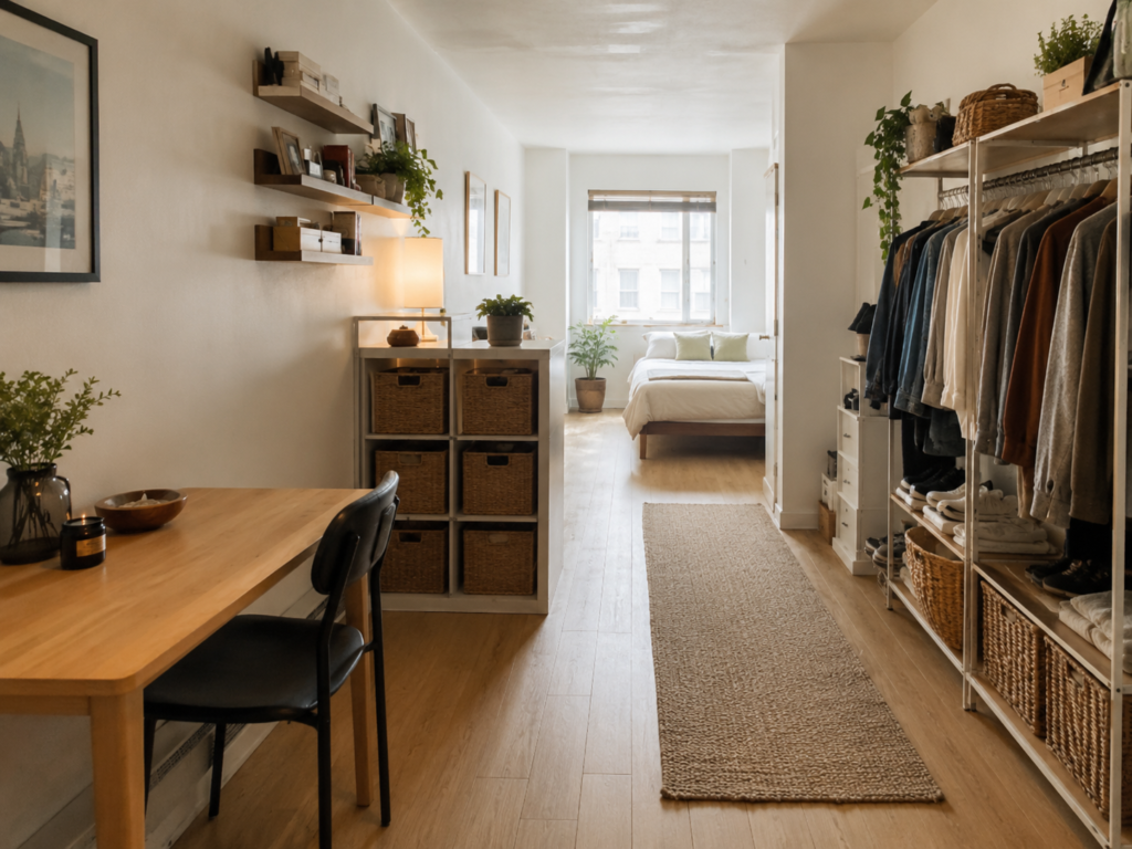 Organized small apartment with open storage, baskets, shelves, and compact furniture