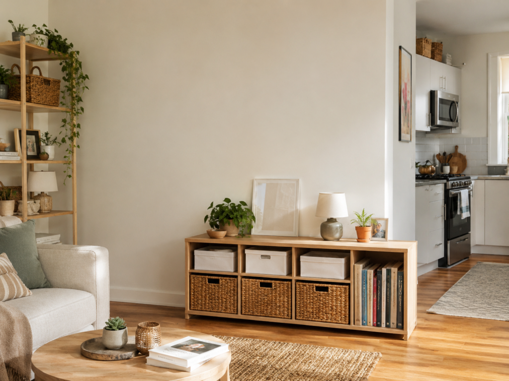 Small apartment living room with basket storage, shelving, and compact organization furniture