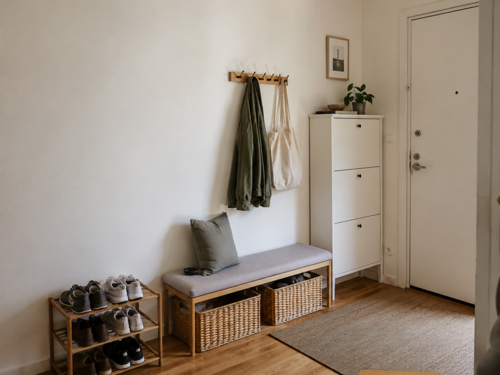 Small apartment entryway with shoe storage, storage bench, baskets, and wall hooks