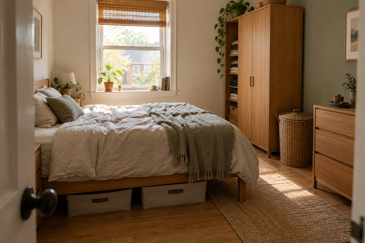 Compact apartment bedroom with a wardrobe, dresser, laundry basket, and fabric storage containers beneath the bed