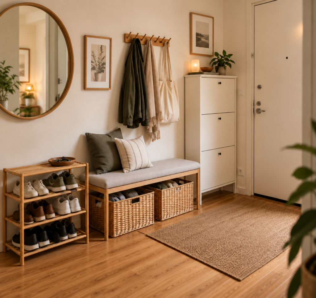 Small apartment entryway with a bench, shoe rack, baskets, wall hooks, and a narrow shoe cabinet