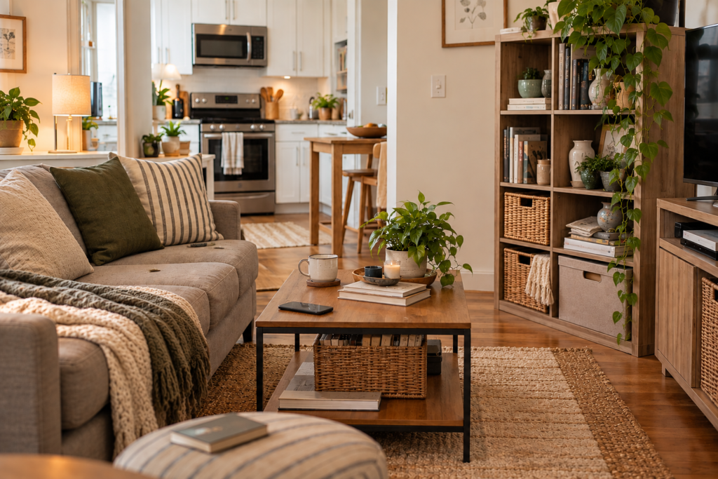 Small apartment living room with practical storage and baskets