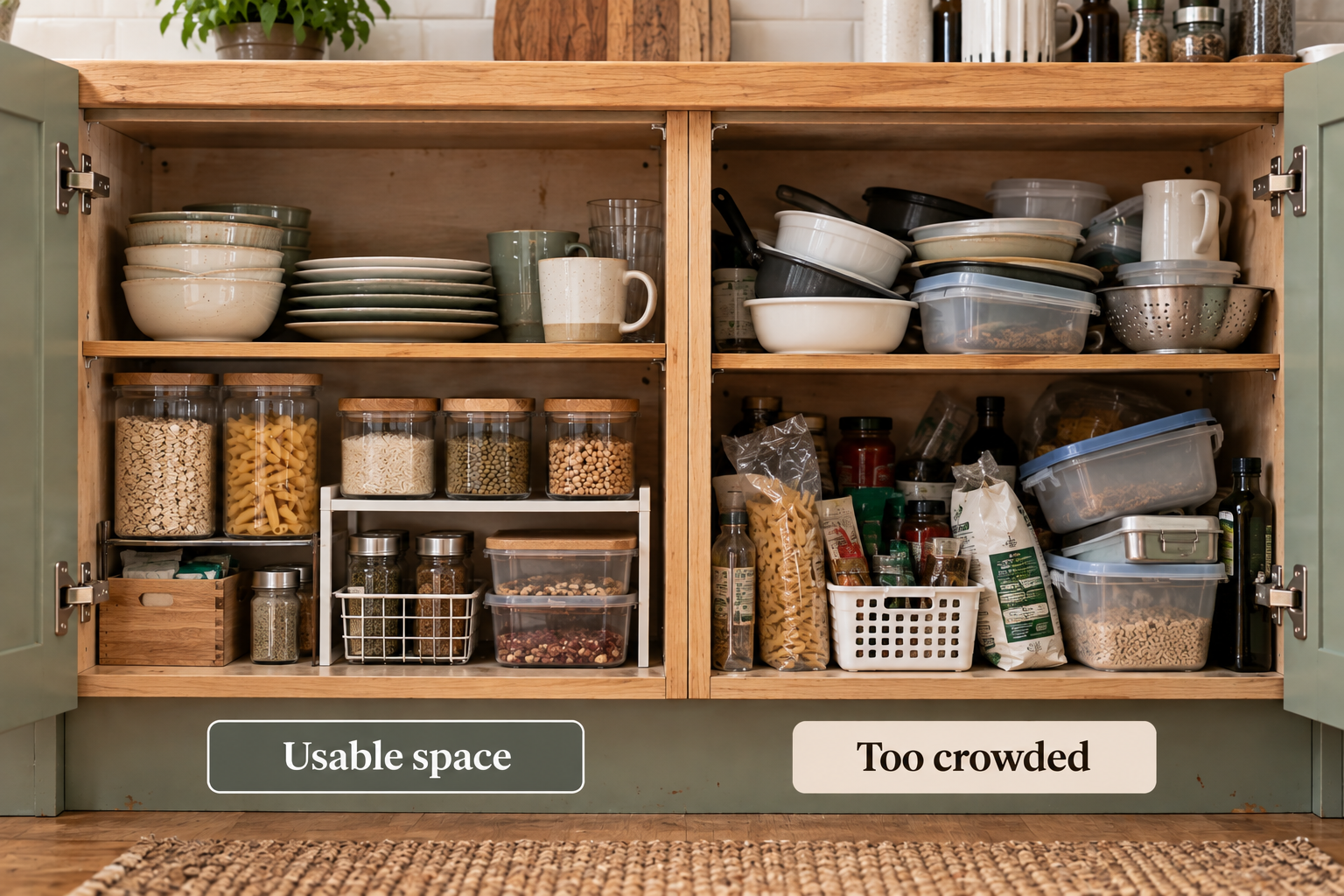 Kitchen cabinet comparison showing usable space and overcrowded storage