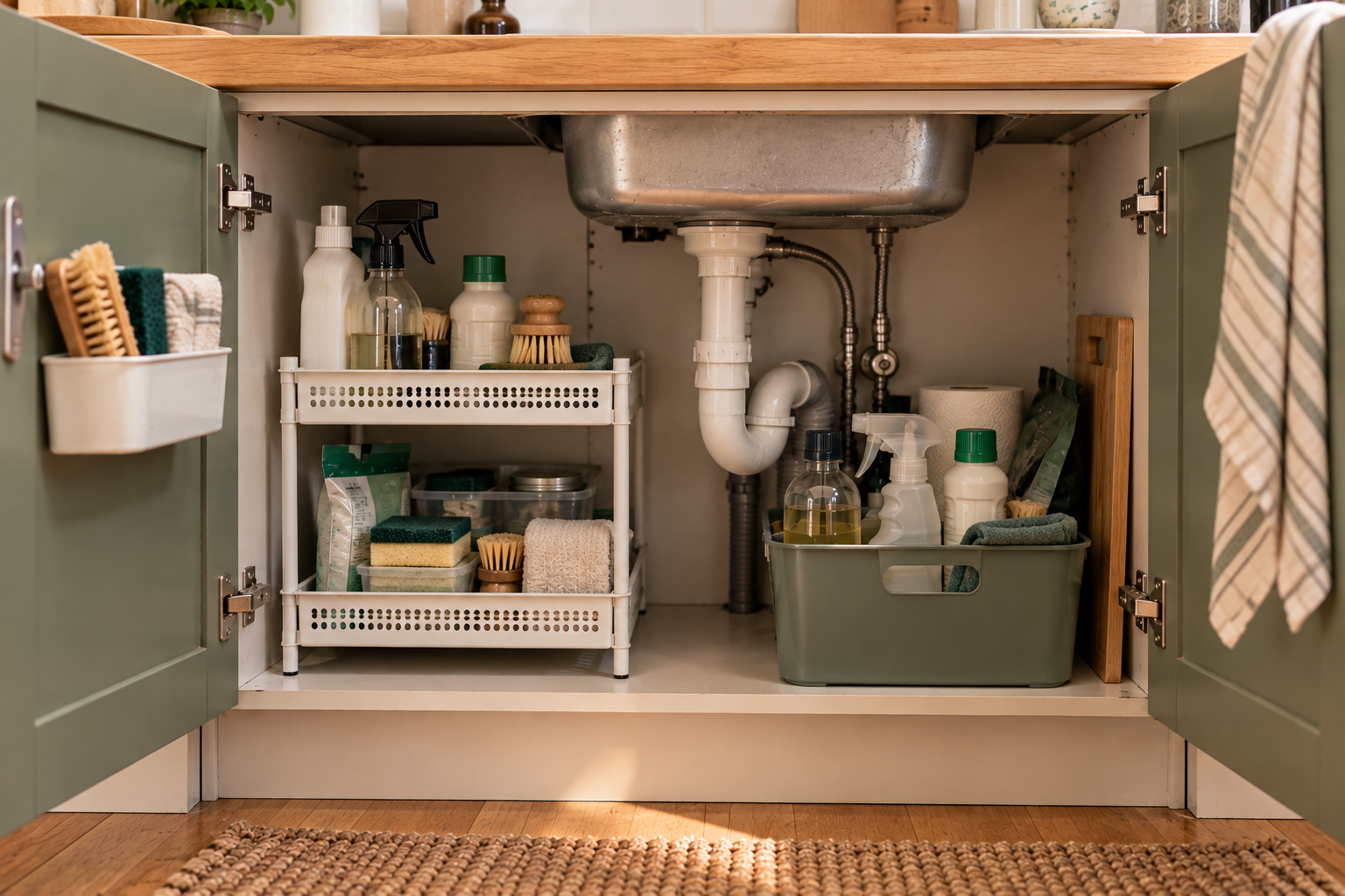 Under sink storage with cleaning supplies around accessible plumbing