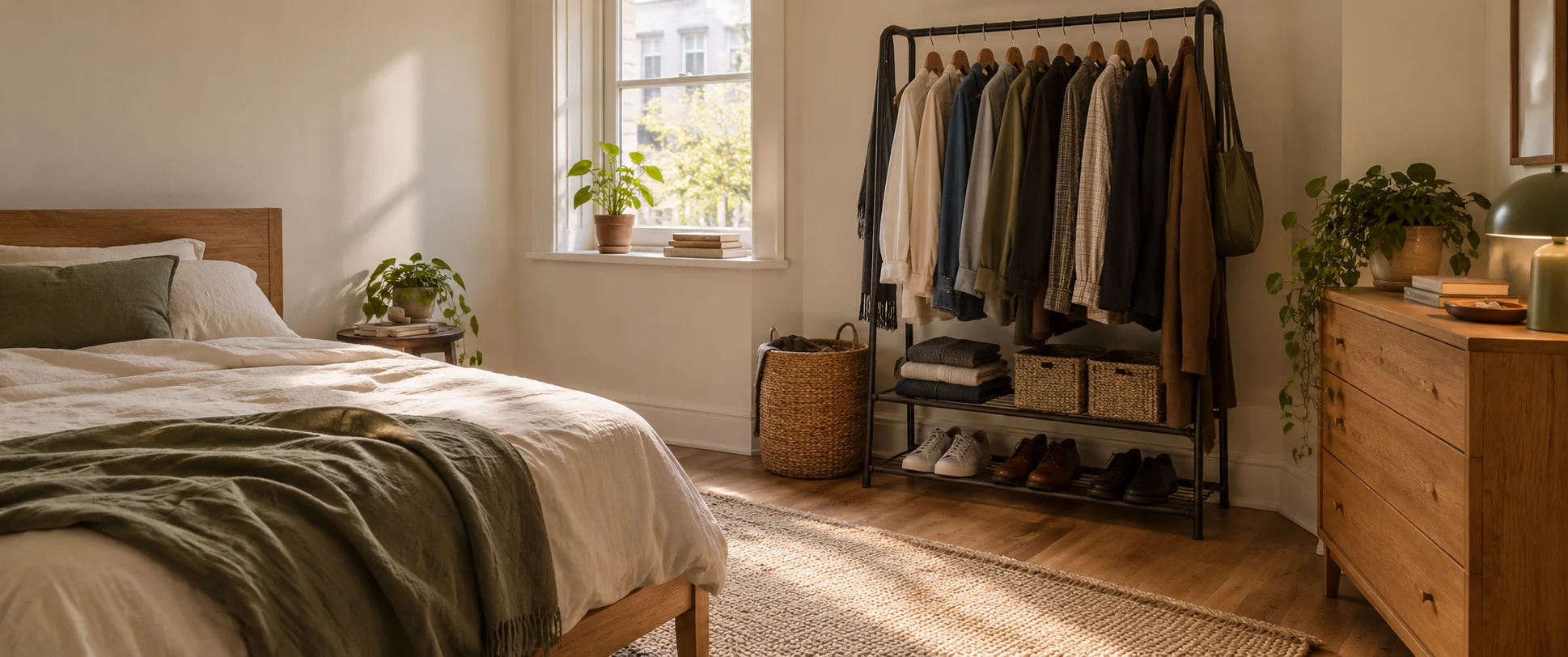 Small bedroom without a built-in closet, with a freestanding clothing rack, drawer dresser, baskets, and shoe storage